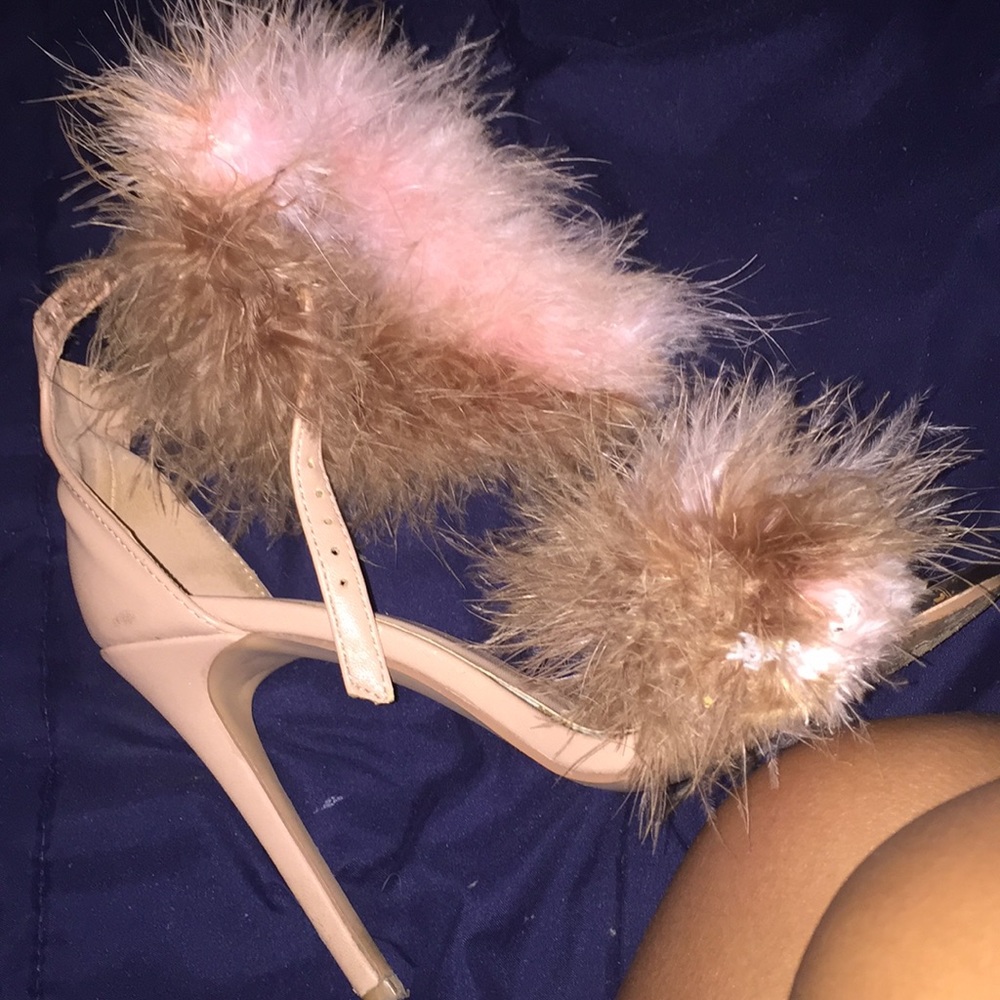 pink and brown faux fur tan heel